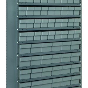 The Quantum Shelving Unit, 18”D x 36”L x 75”H, features 13 shelves with a load capacity of 400 lbs each. It includes nine rows of evenly spaced gray-black bins, totaling 54 smaller and 36 larger bins—perfect for tool or small item organization. Crafted in galvanized steel.