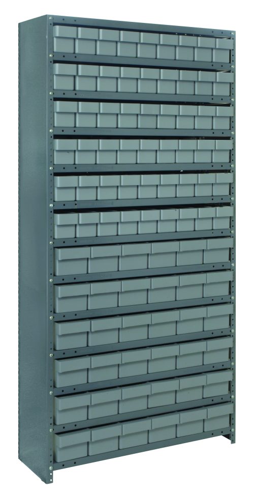 CL1875-624_GY.jpg The Quantum Shelving Unit, 18”D x 36”L x 75”H, features 13 shelves with a load capacity of 400 lbs each. It includes nine rows of evenly spaced gray-black bins, totaling 54 smaller and 36 larger bins—perfect for tool or small item organization. Crafted in galvanized steel.