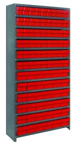 The Quantum Shelving Unit is a tall, galvanized steel structure measuring 18D x 36L x 75H. It features 13 shelves that hold red and black bins—54 QED604 and 36 QED602—snugly in place, each supporting up to 400 lbs., ideal for organized storage of small parts or supplies.