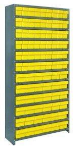 The Quantum Shelving Unit is a heavy-duty, closed metal rack measuring 18D x 36L x 75H. It includes 13 shelves and comes with yellow and black bins for organized storage of small items, supporting up to 400 lbs per shelf, and features galvanized steel uprights and cross bars.