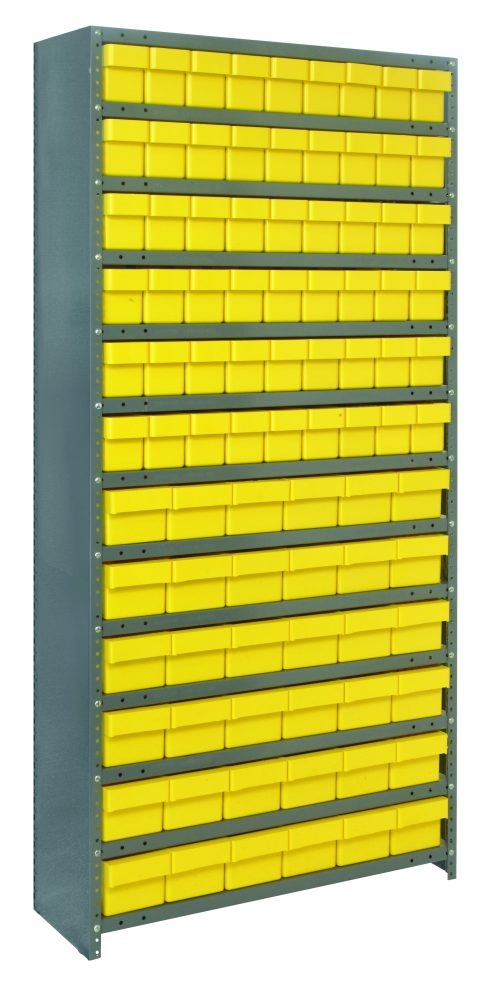 CL1875-624_YL.jpg The Quantum Shelving Unit is a heavy-duty, closed metal rack measuring 18D x 36L x 75H. It includes 13 shelves and comes with yellow and black bins for organized storage of small items, supporting up to 400 lbs per shelf, and features galvanized steel uprights and cross bars.
