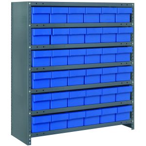 A heavy-duty gray Quantum Shelving Unit, measuring 24D x 36L x 39H, features seven shelves and 36 blue-black bins (24L x 5-9/16W x 4-5/8H) for organized storage. With a robust load capacity of 400 lbs per shelf, it includes uprights and cross bars against a white background.