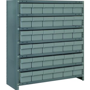 The Quantum Shelving Unit, 24D x 36L x 39H, with a galvanized steel finish, includes seven heavy-duty shelves with a 400 lb. load capacity each and comes with 36 gray black bins (24L x 5-9/16W x 4-5/8H), making it perfect for organizing small tools or parts effectively.