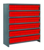 The Quantum Shelving Unit is a heavy-duty, galvanized steel storage solution featuring seven shelves and 36 red black bins. Each shelf can support up to 400 lbs., offering both strength and organized efficiency, with dimensions of 24D x 36L x 39H.