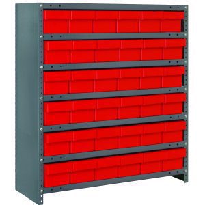 The Quantum Shelving Unit is a heavy-duty, galvanized steel storage solution featuring seven shelves and 36 red black bins. Each shelf can support up to 400 lbs., offering both strength and organized efficiency, with dimensions of 24D x 36L x 39H.