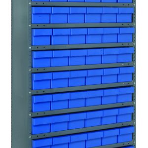 The Quantum Shelving Unit, 24D x 36L x 75H, is made of galvanized steel and features heavy-duty construction with a 400 lb. capacity per shelf. It holds 72 QED603 blue and black bins, each measuring 24L x 5-9/16W x 4-5/8H, neatly arranged against a white background.