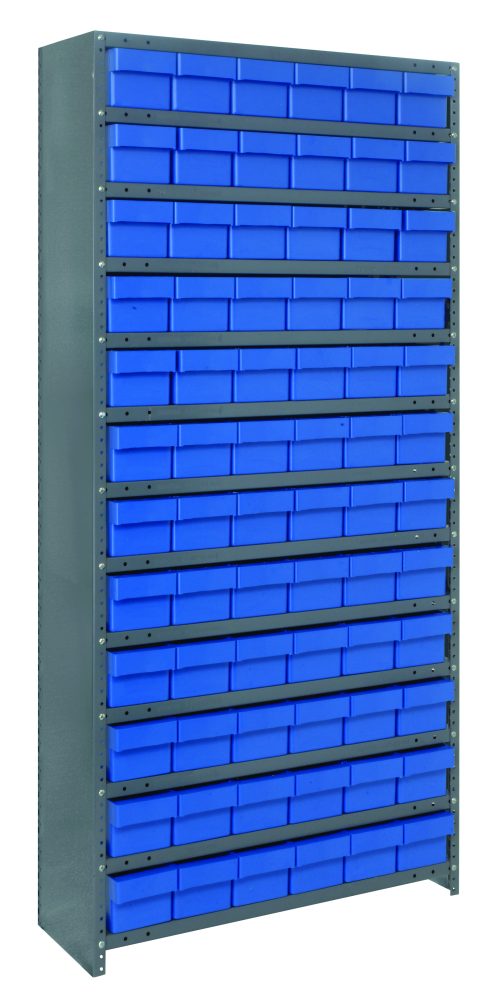 The Quantum Shelving Unit, 24D x 36L x 75H, is made of galvanized steel and features heavy-duty construction with a 400 lb. capacity per shelf. It holds 72 QED603 blue and black bins, each measuring 24L x 5-9/16W x 4-5/8H, neatly arranged against a white background.