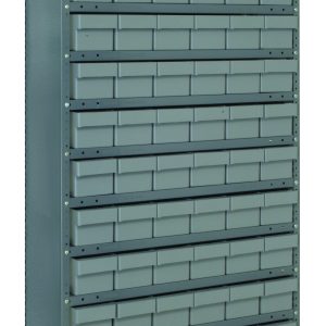 The Quantum Shelving Unit is 75 tall with 13 shelves and includes 72 uniform gray black bins for organizing items. Each shelf holds up to 400 lbs, ensuring stability. Its made from galvanized steel, measuring 24D x 36L, and features a robust design with uprights and cross bars.