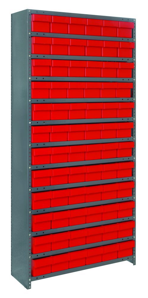 CL2475-603_RD.jpg The Quantum Shelving Unit, measuring 24D x 36L x 75H, includes 13 shelves with a total of seventy-two QED603 bins (each 24L x 5-9/16W x 4-5/8H), securely arranged in columns. Its heavy-duty galvanized steel supports a load of up to four hundred pounds per shelf.
