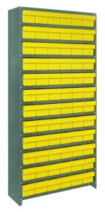 The Quantum Shelving Unit, measuring 24D x 36L x 75H, features a heavy-duty design with a 400 lb. load capacity per shelf and comes with 13 shelves. It includes 72 small yellow bins (24L x 5-9/16W x 4-5/8H) that cover its galvanized steel front, supported by uprights and cross bars.