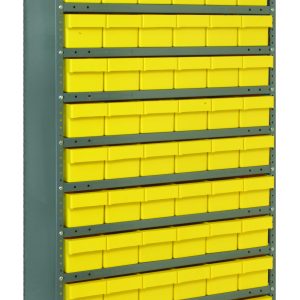 The Quantum Shelving Unit, measuring 24D x 36L x 75H, features a heavy-duty design with a 400 lb. load capacity per shelf and comes with 13 shelves. It includes 72 small yellow bins (24L x 5-9/16W x 4-5/8H) that cover its galvanized steel front, supported by uprights and cross bars.