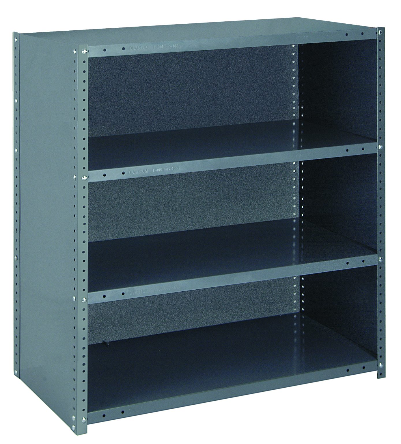 Quantum Ironman closed steel shelving unit with solid back and side panels and four shelves