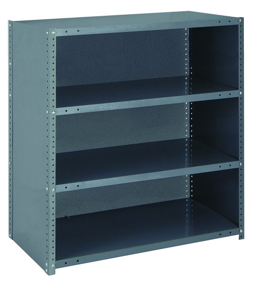 CL39-1836-4.jpg The Quantum Ironman is a closed 22 gauge steel shelving unit measuring 12W x 36L x 39H, featuring four adjustable shelves with a load capacity of 400 lbs each.