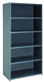 The Quantum Ironman is a tall, empty 22-gauge steel shelving unit in gray, measuring 12W x 36L x 75H with a load capacity of 400 lbs per shelf. It features six adjustable shelves, uprights, and crossbars, standing against a plain white background.