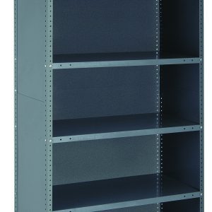 The Quantum Ironman is a tall, empty 22-gauge steel shelving unit in gray, measuring 12W x 36L x 75H with a load capacity of 400 lbs per shelf. It features six adjustable shelves, uprights, and crossbars, standing against a plain white background.