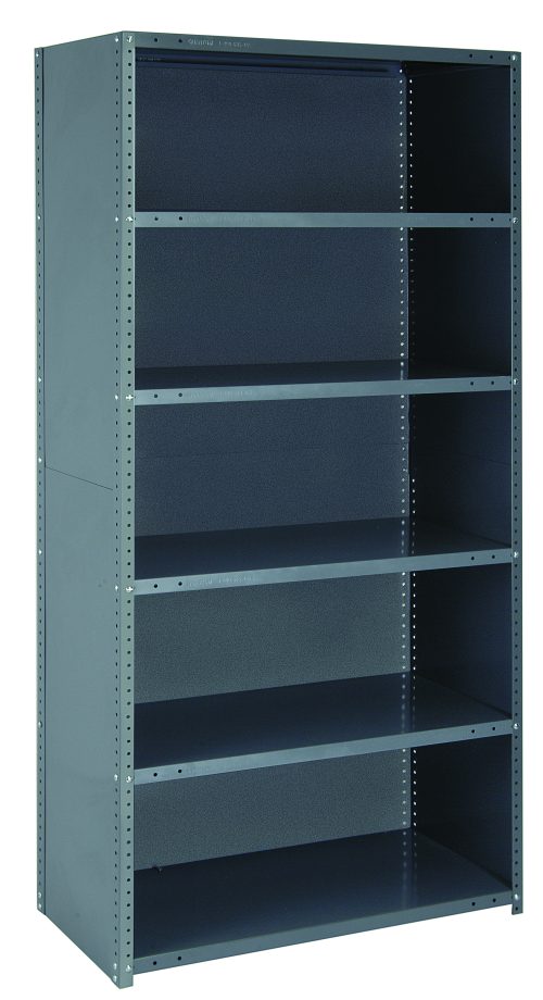 The Quantum Ironman is a tall, empty 22-gauge steel shelving unit in gray, measuring 12W x 36L x 75H with a load capacity of 400 lbs per shelf. It features six adjustable shelves, uprights, and crossbars, standing against a plain white background.
