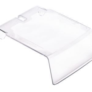 The Quantum Clear Lid for bin QUS210, a rectangular plastic case with rounded edges, is shown at an angle. It features a transparent finish and a cutout on one side, designed for electronic equipment.