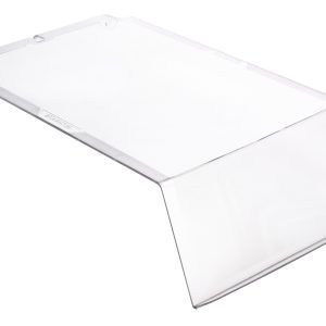 The Quantum Clear Lid is an angled acrylic sheet designed as a sneeze guard for bin QUS120. It features a rectangular shape with a bend for vertical shielding, shown against a white background. Priced per each, it is available in cartons of 12.