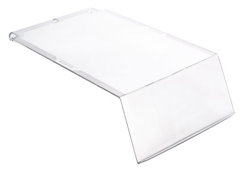 The Quantum Clear Lid is an angled acrylic sheet designed as a sneeze guard for bin QUS120. It features a rectangular shape with a bend for vertical shielding, shown against a white background. Priced per each, it is available in cartons of 12.