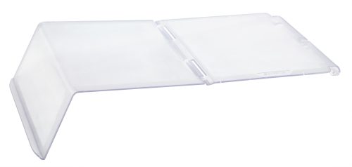 The Quantum Clear Lid for Bin QUS248 showcases an angled view, featuring a translucent plastic design with an open front flap. Its empty and set against a white background, available in quantities of 6 per carton.