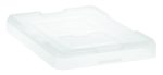 The Quantum Lid Cover, clear and made in the USA, has raised edges, two indented square patterns on top, rounded corners, and slightly protruding sides for a secure fit with DG91025, DG91035, and DG91050.