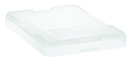 The Quantum Lid Cover, clear and made in the USA, has raised edges, two indented square patterns on top, rounded corners, and slightly protruding sides for a secure fit with DG91025, DG91035, and DG91050.