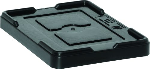 COV91000CO.jpg The Quantum Lid Cover is a black, conductive plastic bin lid with indented handles and a central square section. It features a smooth yet slightly textured finish and includes a small protrusion in the center. Made in the USA. Compatible with DG91025, DG91035, and DG91050 models.