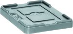 The Quantum Lid Cover is a gray, rectangular, plastic lid designed for containers DG94025, DG91035, and DG91050. It has rounded corners, raised edges, and a circular indentation between two squares. Manufacturer details are embossed on one side.