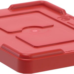 The Quantum Lid Cover, in red, is rectangular and compatible with models DG94025, DG91035, and DG91050. It has raised edges, a central recessed area, a small round indent, and embossed corner text.