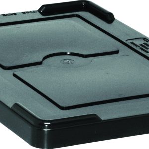 The Quantum Lid Cover, made in the USA, is a black, conductive plastic lid with a central indentation and reinforced corners for durability. It features surface markings and fits securely on containers DG92035, DG92050, DG92060, and DG92080.