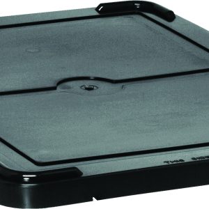 The Quantum Lid Cover is a black, rectangular cover with four raised corners and a central indentation. It features a textured surface and a printed label to indicate the front, designed for use with models DG94025, DG91035, and DG91050. Made in the USA.