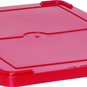 The Quantum Lid Cover is a red plastic lid featuring reinforced edges and a central raised circular area, marked THIS SIDE IS FRONT along one edge. Its compatible with models DG94025, DG91035, and DG91050.