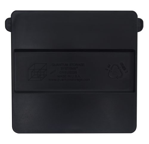 CRDUS238.jpg The black plastic lid (pack of 6) has a recessed central grip and is embossed with Quantum Storage Systems and Made in USA. It features the recycling symbol on the top right, designed for bin QUS238 use with Quantum Cross Dividers.