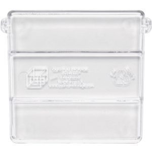 The Quantum Cross Divider, designed for Qus238 bins, is a clear, rectangular plastic container lid with recycling symbols and company details embossed on it. Featuring two side protrusions at the top, its made in the USA and comes in a convenient pack of 6.