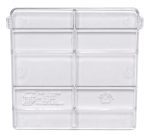 The Quantum Cross Divider, a clear plastic tray made in the USA, includes six compartments with a transparent design showing recycling symbols and embossed text.