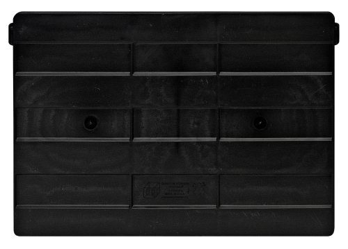 CRDUS270 The Quantum Cross Divider, designed for Bin QUS270 and made in the USA, is a black plastic rectangular object with a grid pattern and features two central circular indentations. Textured lines and shading variations enhance its depth. Available in a pack of six.