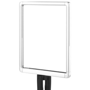A blank, rectangular sign holder with a black pedestal stand, featuring a clear frame against a stark white background, reminiscent of the meticulous organization seen in Justrite Safe Chemical Storage solutions.