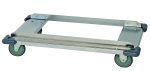 The Quantum Dolly Frame, 36W x 18D, features a chrome-plated finish and rectangular design. It rolls on four green wheels with black corner stoppers for stability (casters not included), perfect for moving heavy objects.