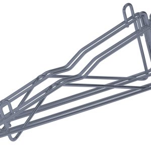 A sleek metal folding luggage rack with a simple design, resembling the Quantum Cantilever Multiple Shelf Post Wall Mount, featuring thin rods forming a triangular shape and connected with a circular clasp akin to post mount brackets.