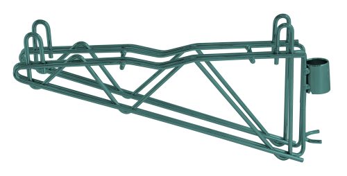 DCB14_P.jpg The product is a green Quantum Cantilever Multiple Shelf Post Wall Mount with a geometric design, comprising a 12 double post cantilever arm and two post mount brackets, featuring an NSF-certified antimicrobial finish and isolated on a white background.