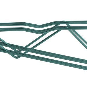 The Quantum Cantilever Multiple Shelf Post Wall Mount in green epoxy features an angular, geometrically designed metal bracket with crossbars and loops, an NSF-certified cylindrical attachment for (2) post mount brackets, and a sturdy 18 double post cantilever arm connection.