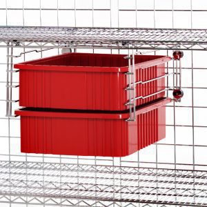 Two red plastic bins hang on a metal wire shelving unit using the Quantum Double Bin Drawer Slide, showcasing a chrome-plated finish. The silver wire grids highlight the sleek design of this functional storage solution against a plain white background.