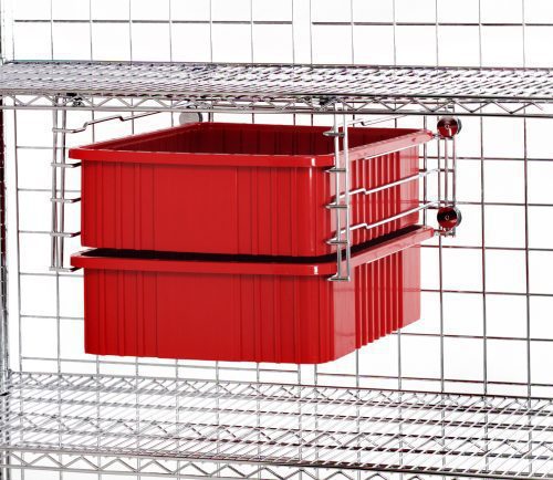 DDS-24.jpg Two red plastic bins hang on a metal wire shelving unit using the Quantum Double Bin Drawer Slide, showcasing a chrome-plated finish. The silver wire grids highlight the sleek design of this functional storage solution against a plain white background.