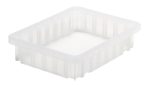 Clear Quantum Dividable Grid Container with ridged sides, measuring 11-7/8L x 8-1/4W x 2-1/2H and an open top. Made in USA for superior quality.