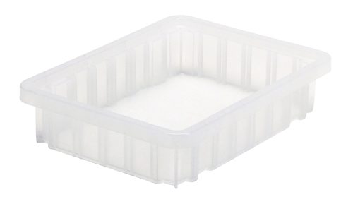Clear Quantum Dividable Grid Container with ridged sides, measuring 11-7/8L x 8-1/4W x 2-1/2H and an open top. Made in USA for superior quality.