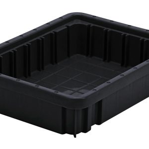 The Quantum Dividable Grid Container, measuring 11-7/8L x 8-1/4W x 2-1/2H, is a durable black rectangular container made of conductive plastic with raised sides and a textured bottom, ideal for organizing items. Made in the USA, it ensures quality and reliability.