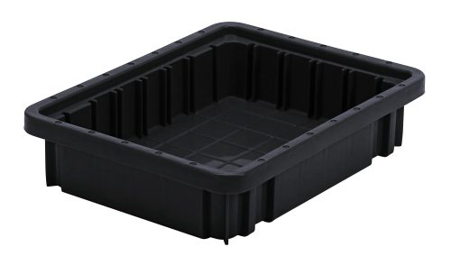 DG91025CO.jpg The Quantum Dividable Grid Container, measuring 11-7/8L x 8-1/4W x 2-1/2H, is a durable black rectangular container made of conductive plastic with raised sides and a textured bottom, ideal for organizing items. Made in the USA, it ensures quality and reliability.