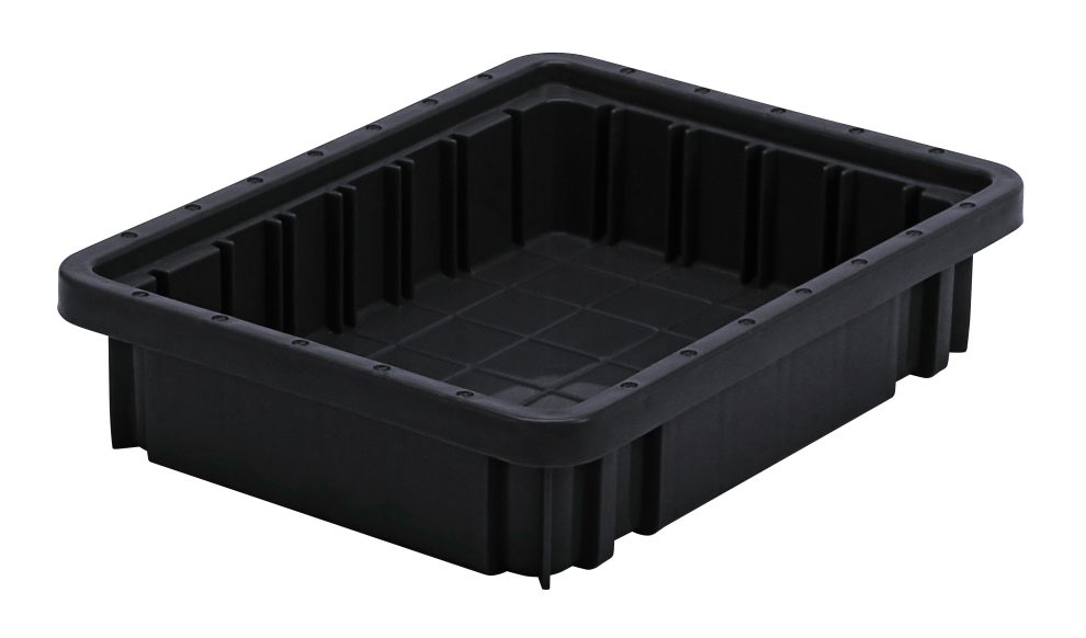 Black conductive dividable grid container moulded from carbon-filled polypropylene
