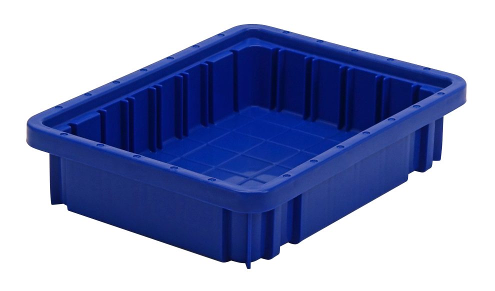 Blue dividable grid container with moulded divider slots