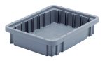 The Quantum Dividable Grid Container, 11-7/8L x 8-1/4W x 2-1/2H, is a gray plastic storage bin with ribbed sides, proudly made in the USA and shown empty against a white background.